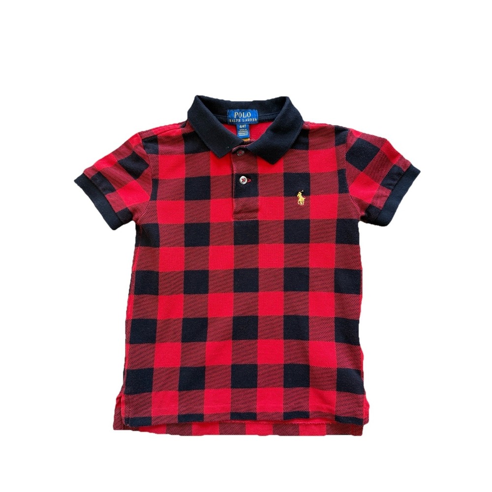 Polo Ralph Lauren Boys Polo Shirt Size 4/4T Black Red Check Short Sleeve BTS